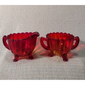 Vintage Imperial Pillar Flute Amberina Glass 3 Foot Sugar Bowl & Creamer Set MCM